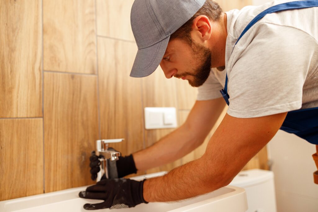 Serious plumber, male worker in uniform installing tap or bathroom faucet